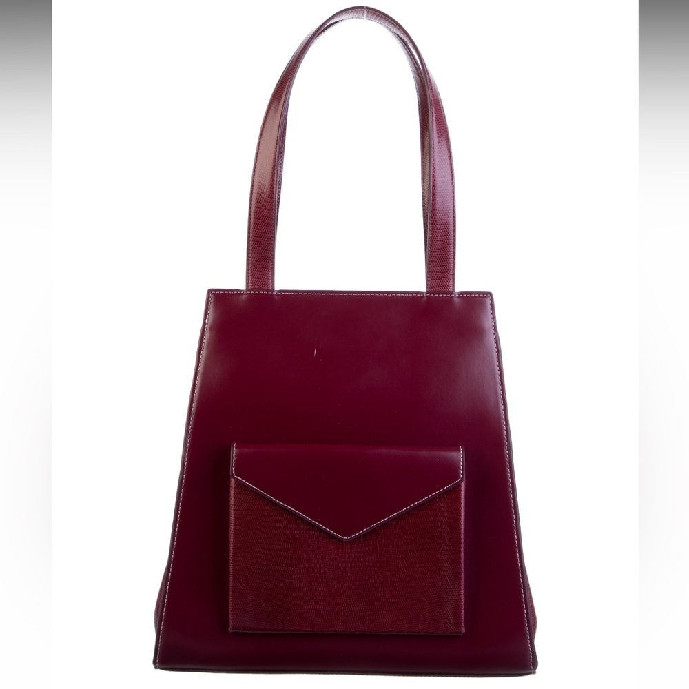 Staud Lizard Trim Leather Tote in Burgundy